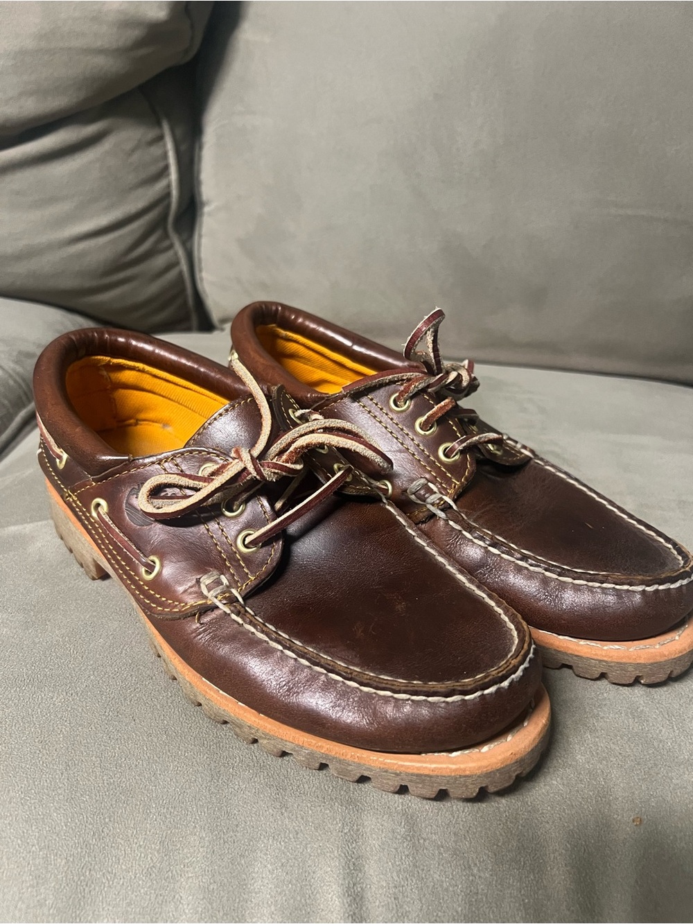 Timberland Dark Brown Leather Boat Shoes with Orange Interior